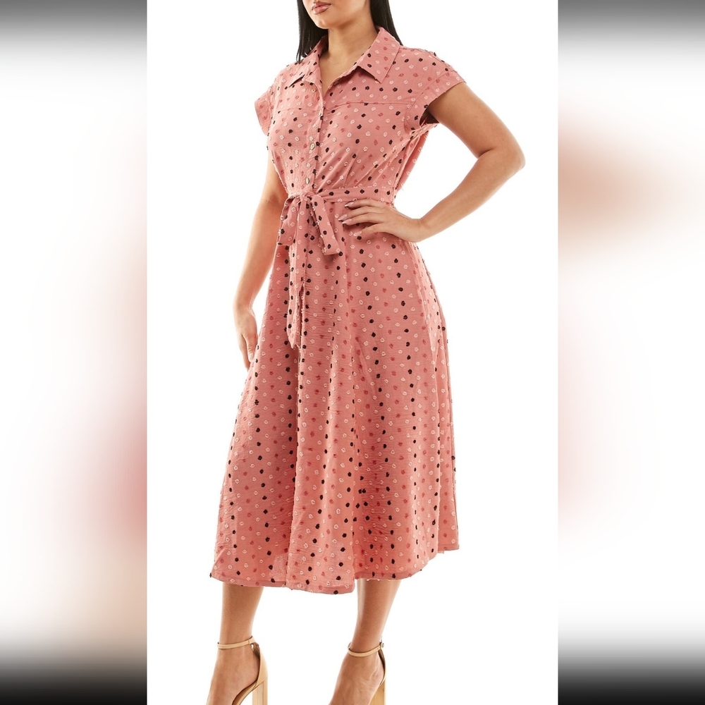 Nina Leonard Swiss Dot Cap Sleeve Midi  Shirt Dress